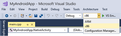 Solution Platforms dropdown x86 selection.