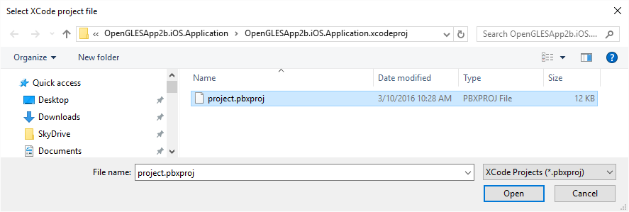 Select a project file in the Select Xcode project file dialog Select a project file in the Select Xcode project file dialog.