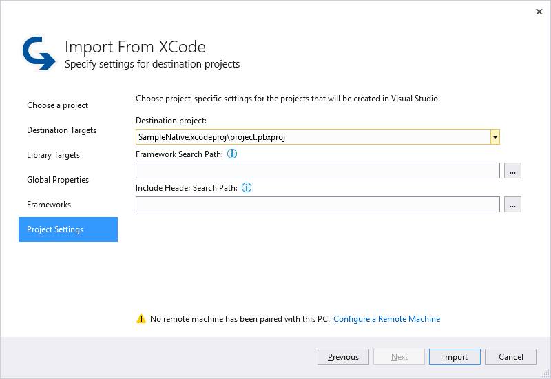 Import from Xcode Projects pane.