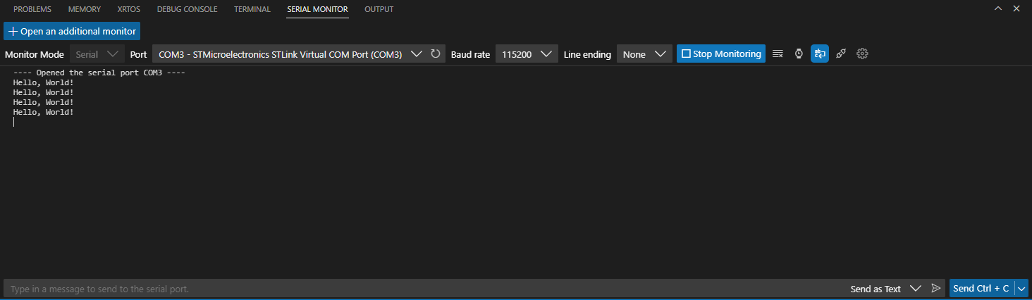 Screenshot of the Visual Studio Serial Monitor window.