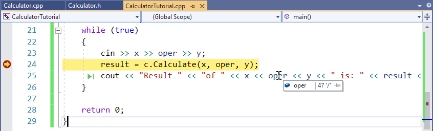 Screenshot of a tooltip displaying the value of the variable oper, which is the character /.