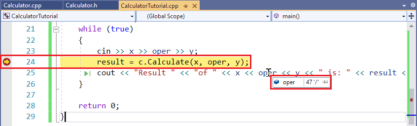 Screenshot of a tooltip showing the value of the variable 'oper', which is 47 or '/'.