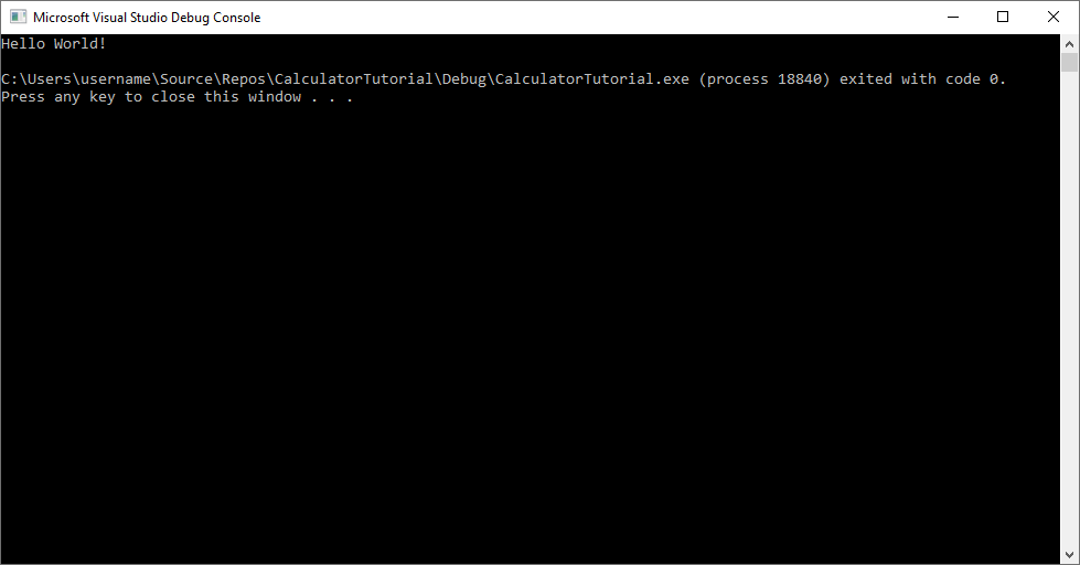 Screenshot of the Visual Studio Debug Console showing the output: Hello World!.