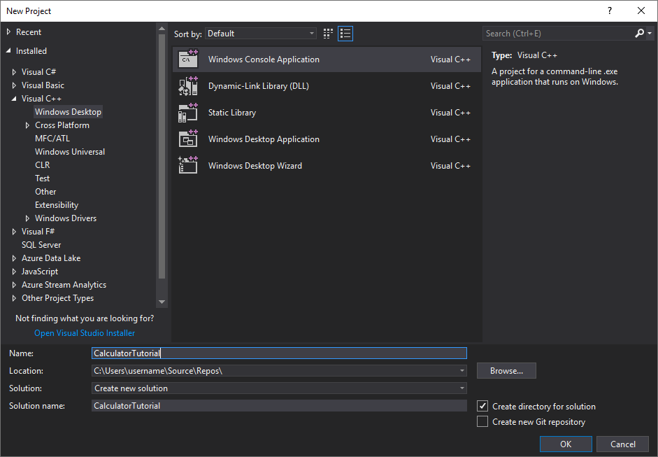 Screenshot of the New Project dialog with the Windows Console Application project type selected and the Name text box set to CalculatorTutorial.