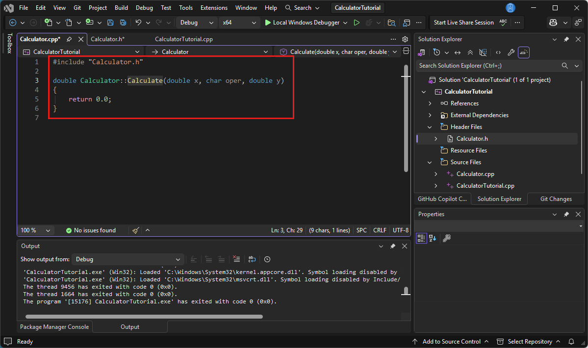 Screenshot of the Visual Studio editor showing the definition of the 'Calculate' function.
