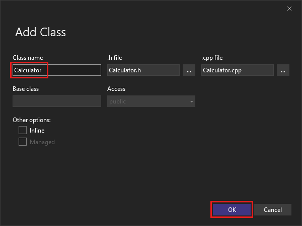 Screenshot of the Visual Studio Add Class dialog box.