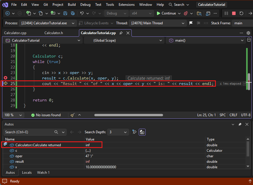 Screenshot of debugging the calculator.