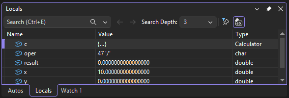 Screenshot of the Locals window in Visual Studio, displaying the current values of local variables while debugging.