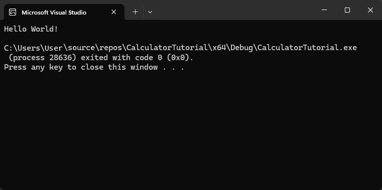 Screenshot of the Visual Studio Debug Console displaying the output of the application: Hello World!