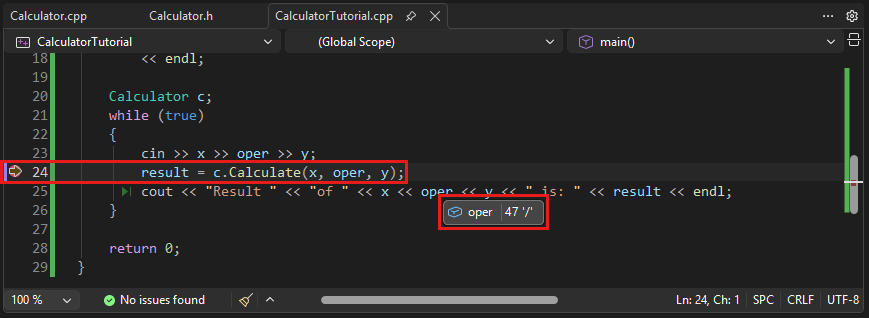 Screenshot of a tooltip showing the value of the variable 'oper', which is 47 or '/'.
