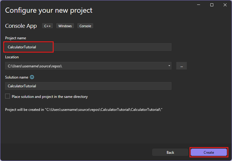 Screenshot of the Visual Studio Configure your new project dialog, which has fields for project name, project location, and Solution name.