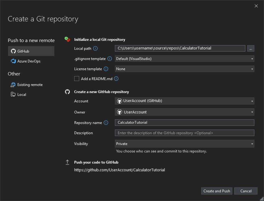 Screenshot of the Create a Git Repository dialog window where you create a new GitHub repository.