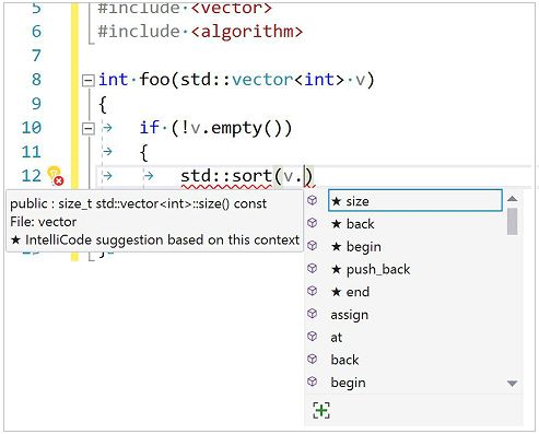 Screenshot of C plus plus IntelliCode dropdown which shows the members of the vector class sorted by which are most commonly used in your code.