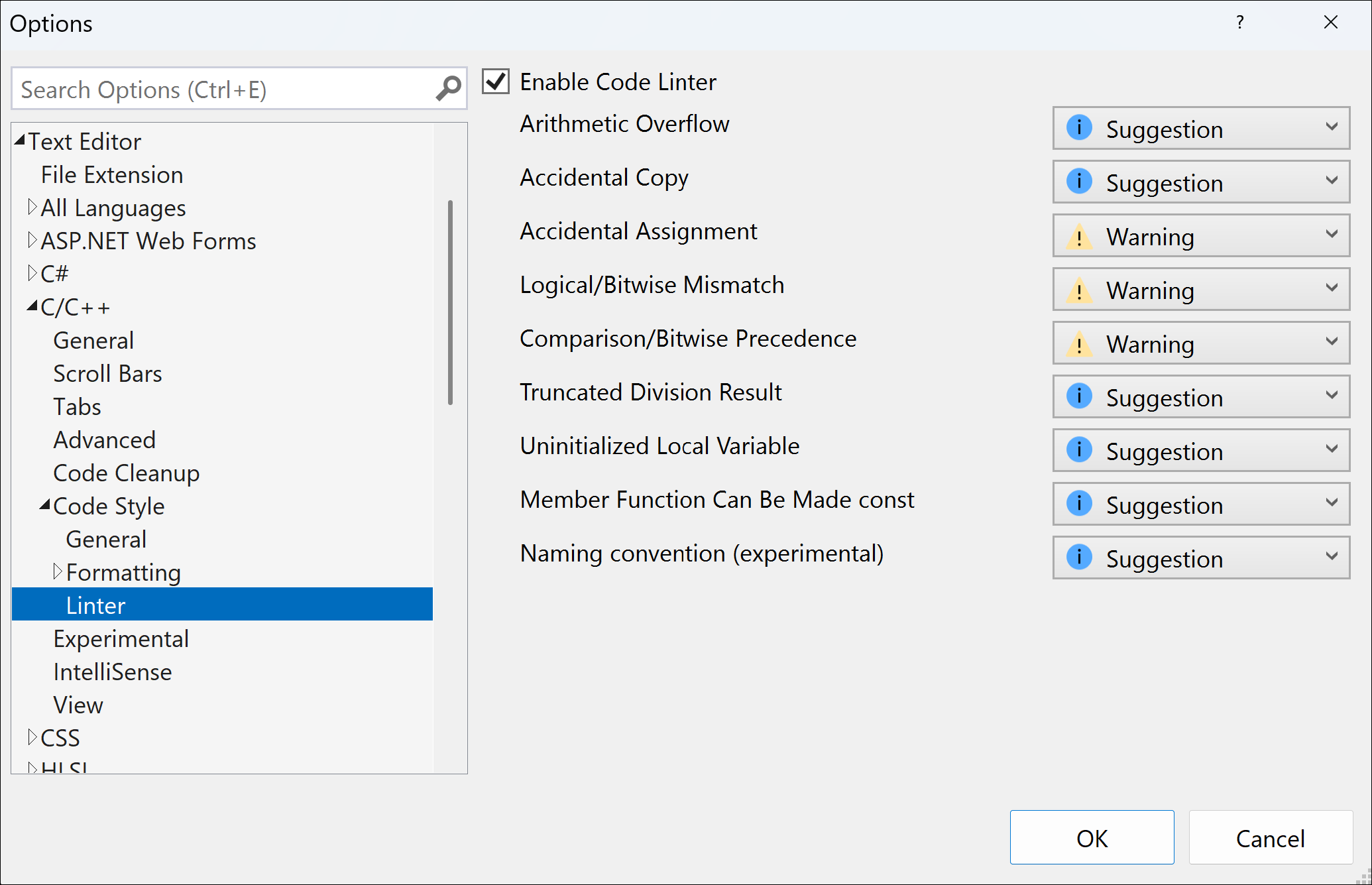 Screenshot of the linter configuration window with options such as warning on accidental assignment, uninitialized local variable, and more.