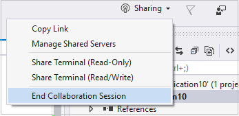 Live Share Button Screenshot of the Sharing dropdown list with the End Collaboration Session option highlighted.