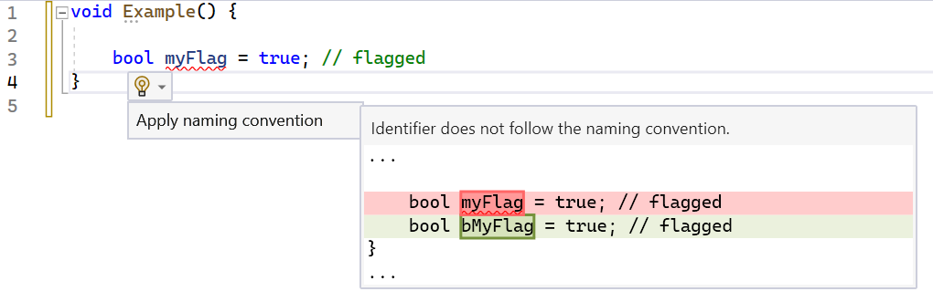 Screenshot of the IDE suggesting applying naming convention.