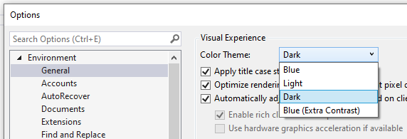 Screenshot of the Options pane. Environment > General is selected. On the right, the color theme dropdown shows options for Light, Dark, and more.