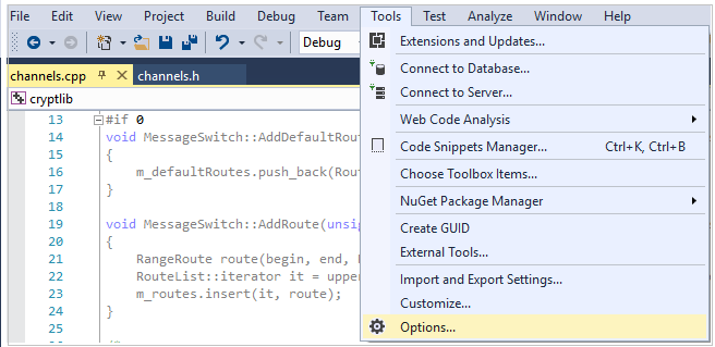 Screenshot showing the Visual Studio menu item Tools selected, and the Options menu item highlighted.