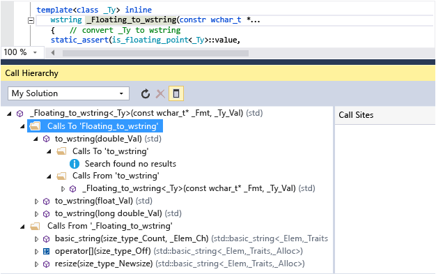 Screenshot of the Call Hierarchy window which shows calls to and from Floating_to_wstring(). For example, to_wstring() calls Floating_to_wstring().