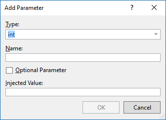 Screenshot of the Add parameter window where you can edit or set a parameter's type, name, and whether its default or optional.