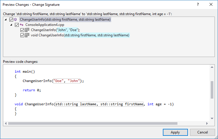Screenshot of a Change Signature preview. Everywhere the function is called is previewed so you can verify each change.
