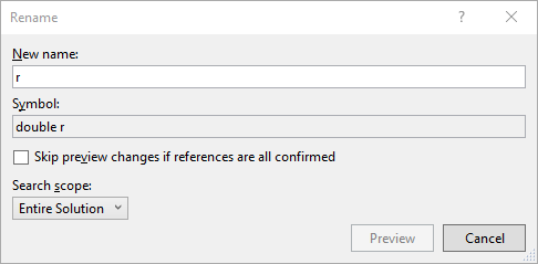 Screenshot of the Rename dialog. It asks for the new name of the symbol and allows you to specify the scope of the changes.