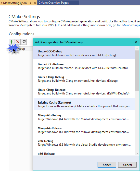 CMake settings dialog with the plus button highlighted which adds the selected configuration, which is Linux-GCC-debug.