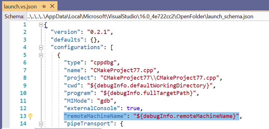 The CMake remote debug machine specified in the launch_schema.json file. The remote Machine Name is $<debugInfo . remoteMachineName></noscript></p><p>»/></p><p>IntelliSense will suggest all a list of all established remote connections. You can add a new remote connection by navigating to <strong>Tools</strong> > <strong>Options</strong> > <strong>Cross Platform</strong> > <strong>Connection Manager</strong> or searching for «Connection Manager» in <strong>Quick Launch</strong>.</p><p>If you want complete control over your deployment, you can append the following code block(s) to the launch.vs.json file. Remember to replace the placeholder values with real values:</p><pre><code >