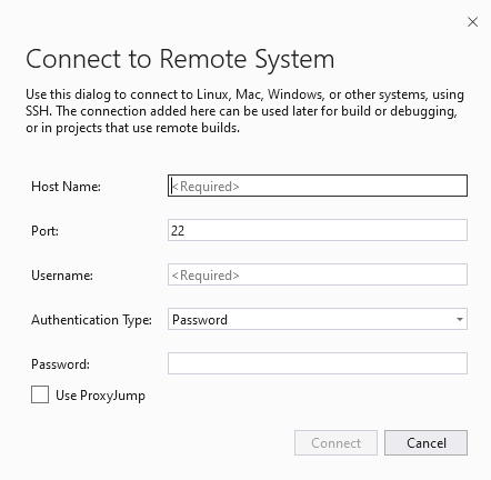 Screenshot of the Visual Studio Connect to Remote System window.