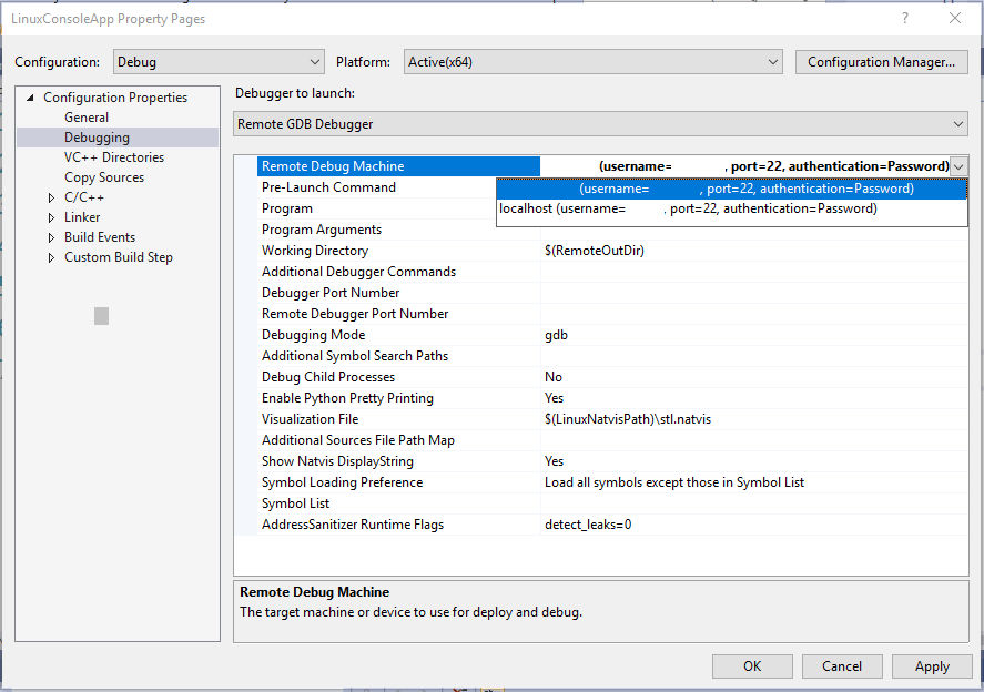 Screenshot showing the Linux remote debug machine property in the Property Pages dialog which shows the username, authentication type, and port.