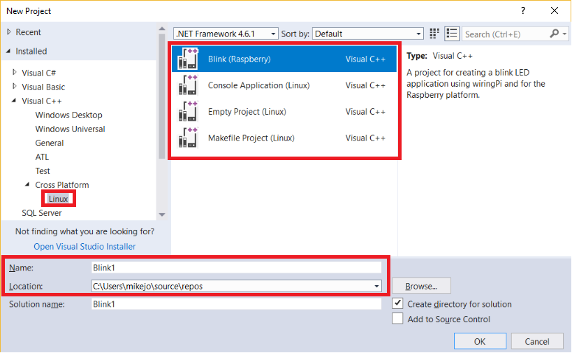 The New Project dialog box with Visual C plus plus > Cross Platform > Linux selected and all project types and Name and Location text boxes called out.