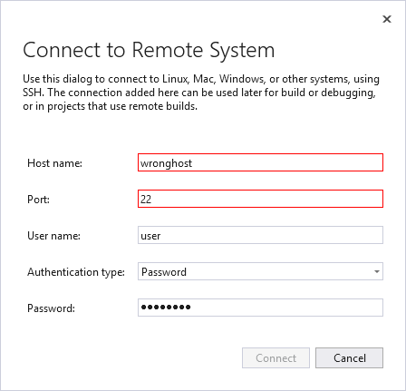 Screenshot of the Visual Studio Connect to Remote System window. The host name and port fields are outlined in red to indicate incorrect entries.