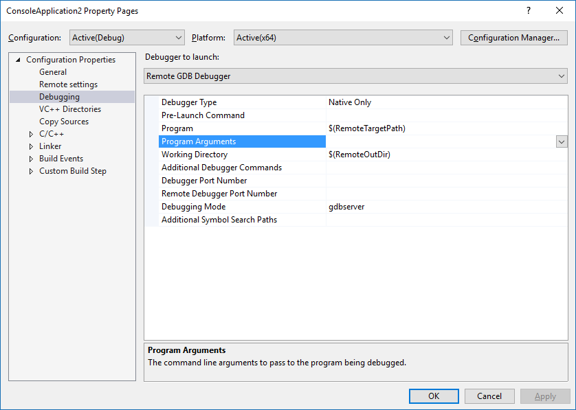 Screenshot showing the Program Arguments property in the Property Pages dialog.