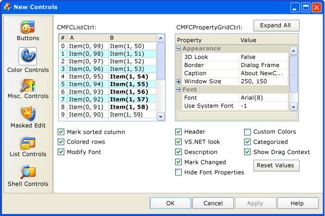 CMFCPropertySheet list and property controls.