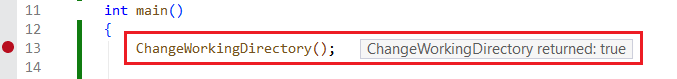 Screenshot showing inline post-return values displayed in the debugger next to function call."