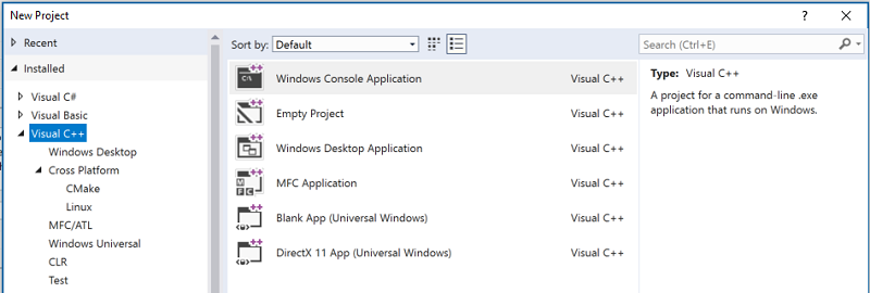 Screenshot of the New Project dialog, showing available project templates for C++ such as Windows Console Application.