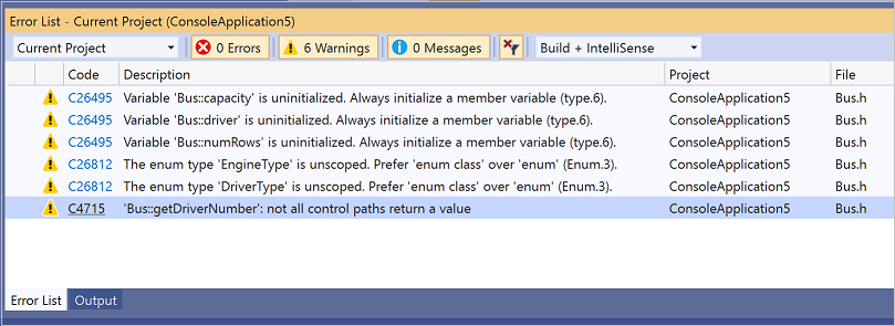 Screenshot of Code analysis warnings in Error List.