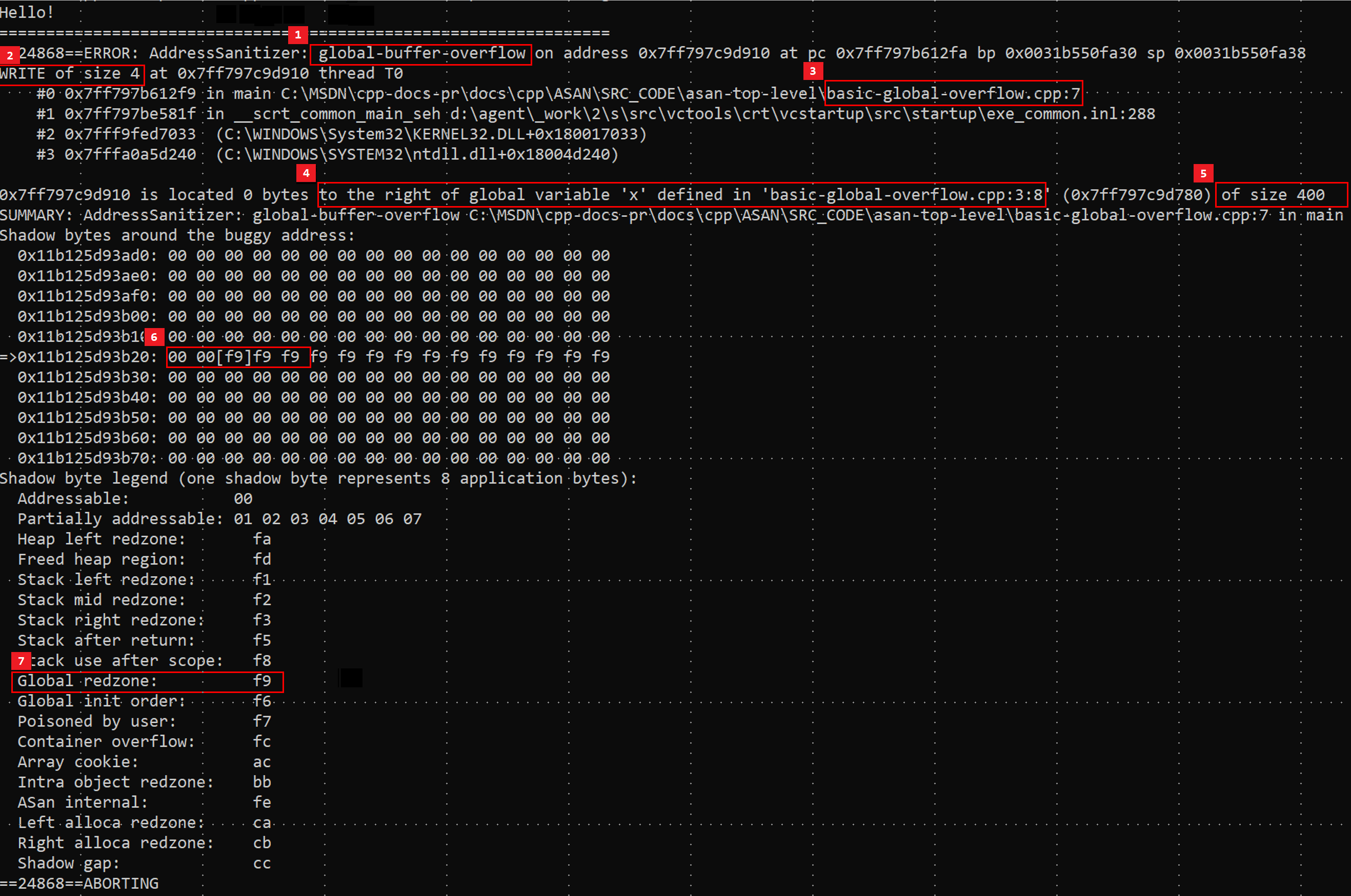 Screenshot of the debugger showing a basic global overflow error.