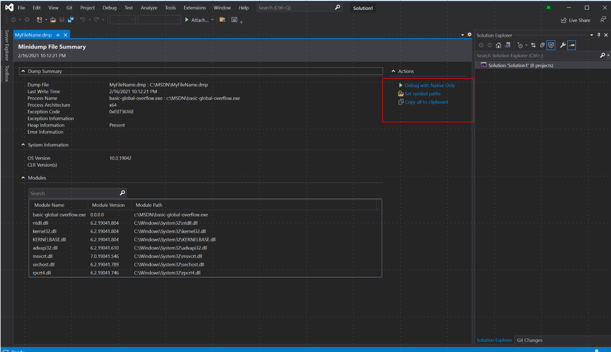 Screenshot of the Minidump Summary display in Visual Studio.