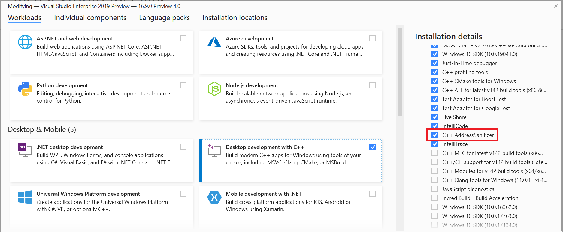 Screenshot of the Visual Studio Installer. The C++ AddressSanitizer component, under the Optional section, is highlighted.