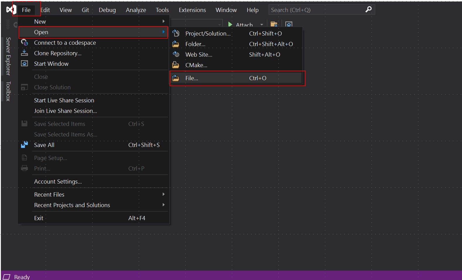 Screenshot of the File Open File menu in Visual Studio.