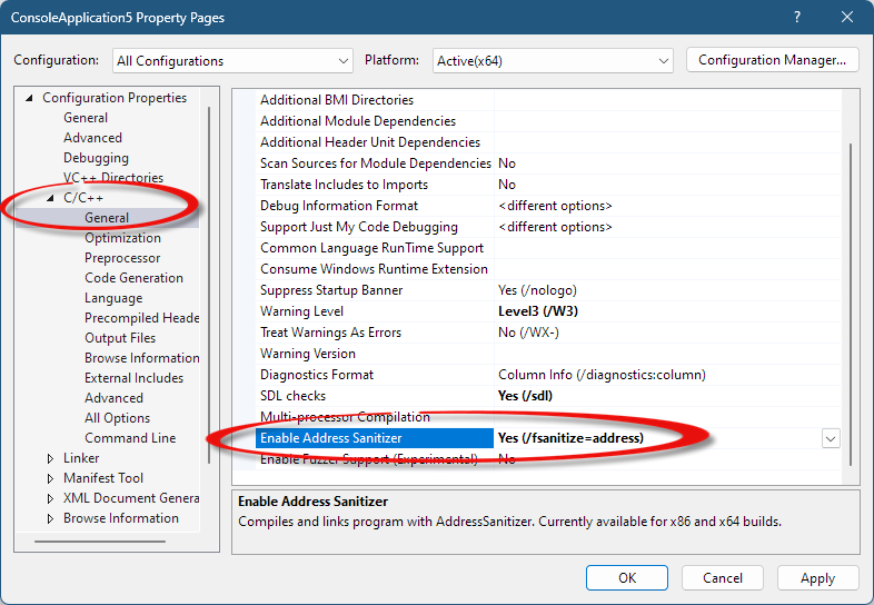 Screenshot of the Property Pages dialog showing the Enable AddressSanitizer property.