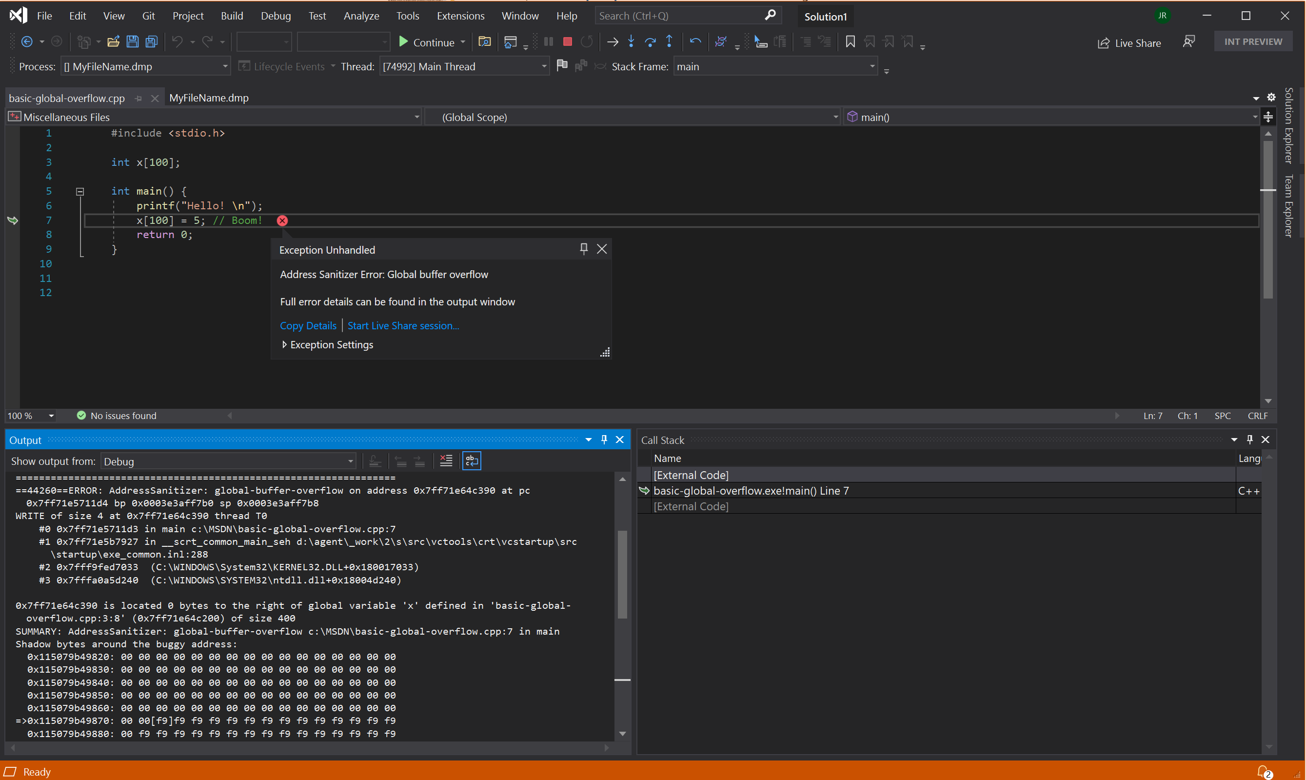 Screenshot of the debugger showing source files and AddressSanitizer metadata.