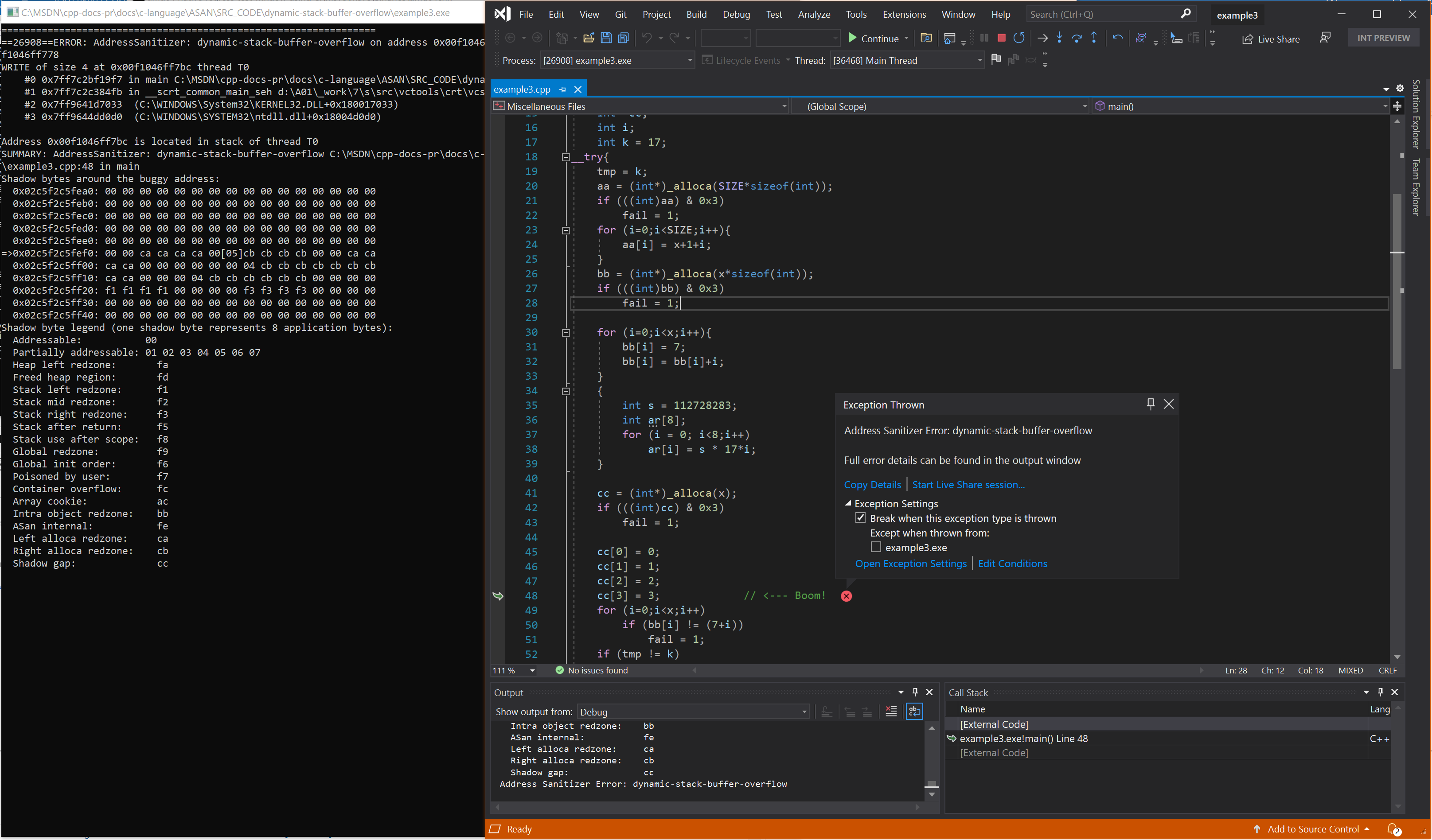 Screenshot of debugger displaying dynamic-stack-buffer-overflow error in example 3.