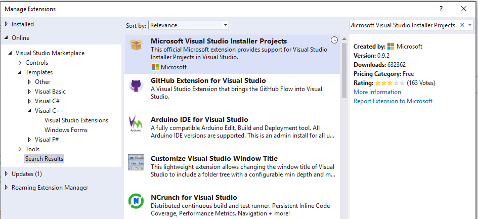 The Manage Extensions dialog showing the Visual Studio setup project extension.