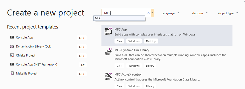 Screenshot of the Create a new project dialog showing an MFC App project template.