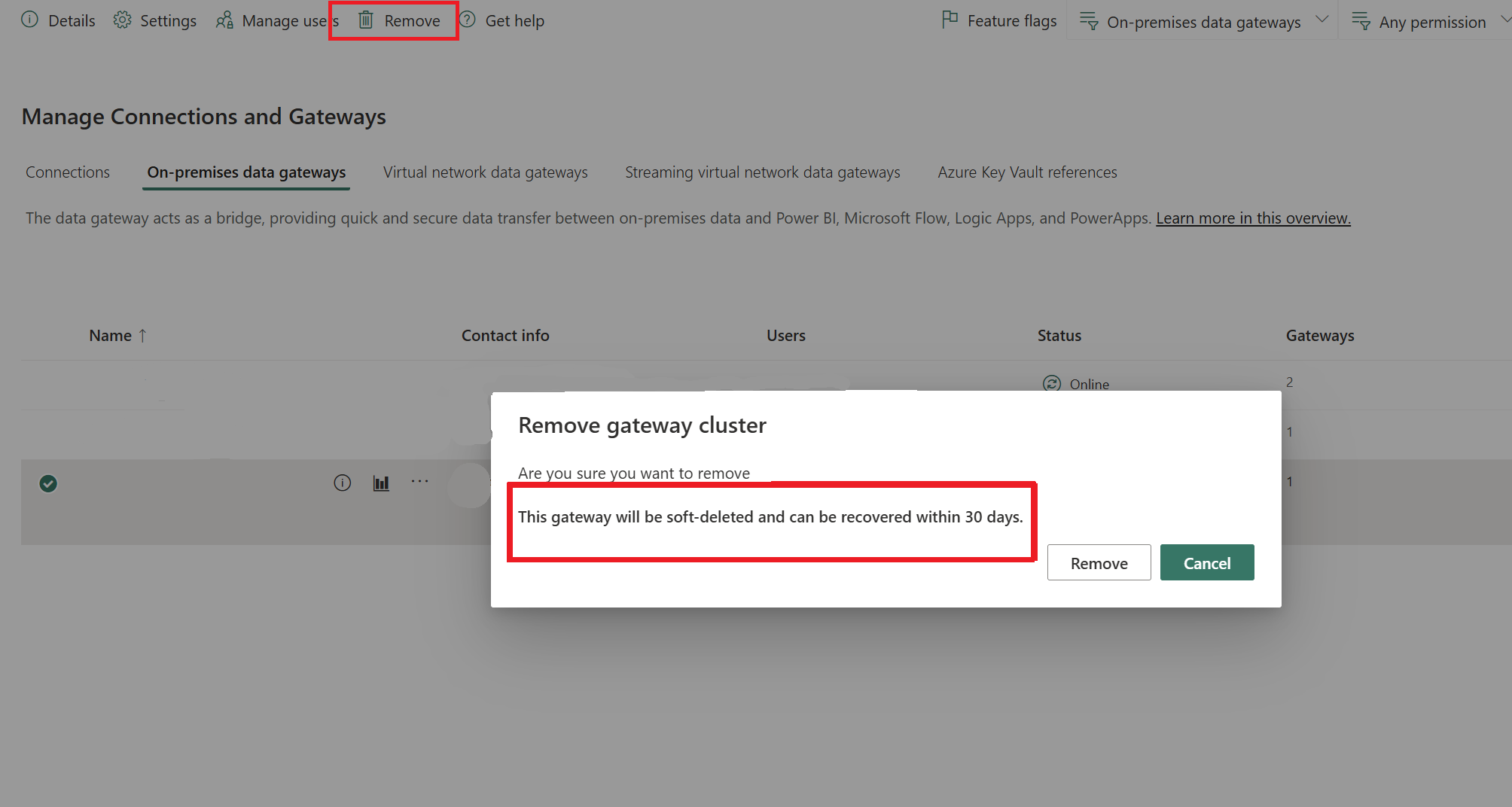 Screenshot of the Manage Connections and Gateways page with the Remove button highlighted and a Remove gateway cluster confirmation dialog.