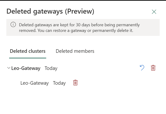 Screenshot of a deleted gateway with options to restore or permanently delete it, and a countdown of 30 days before permanent deletion.