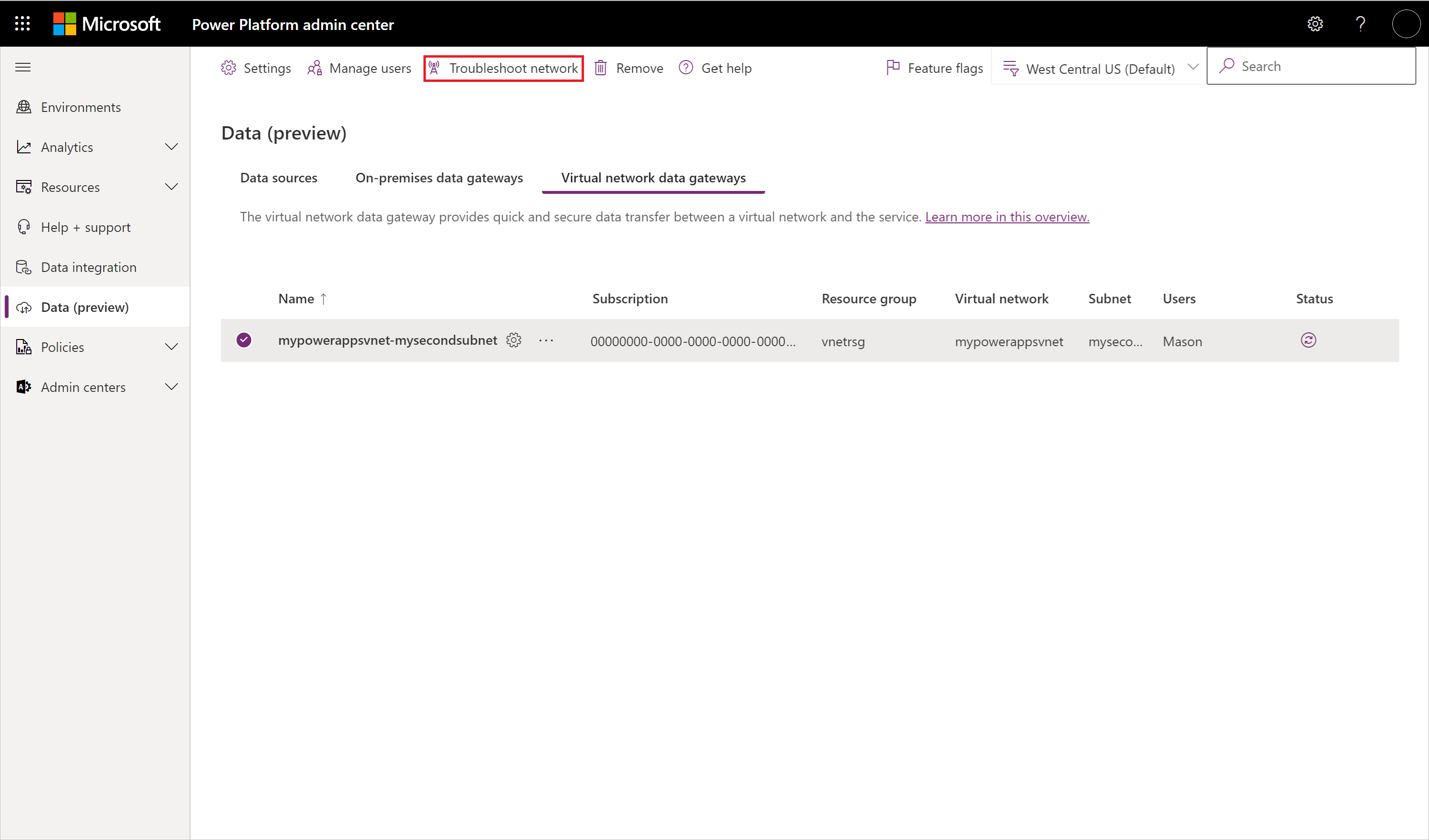 Image of the Power Query admin center with Data (preview) menu item open, a gateway selected, and the Troubleshoot network selection emphasized.
