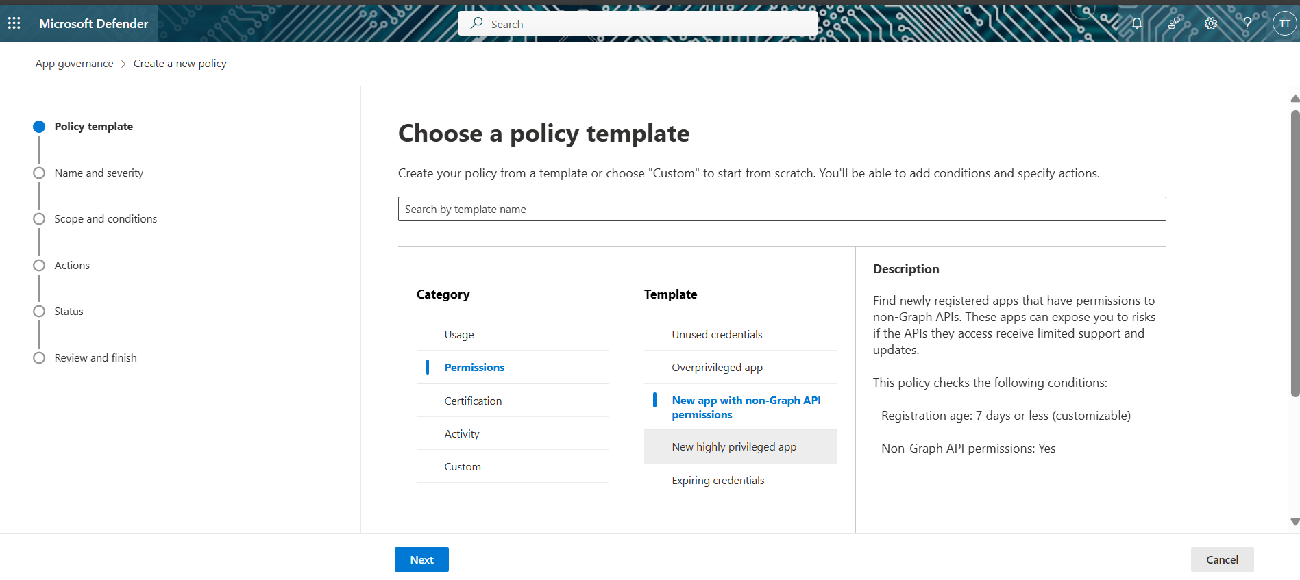 Screenshot that shows the option to use a template for a new policy.
